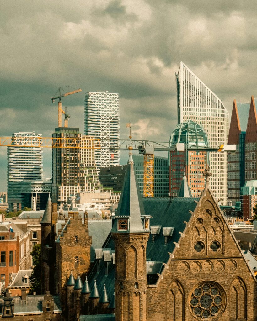 Explore the blend of historic and modern architecture in The Hague's skyline, South Holland, Netherlands.